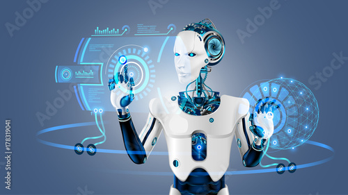 Robot cybernetic organism works with a virtual HUD interface in augmented reality. Humanoid robot with a plastic face presses the button on the digital screen. Future concept.