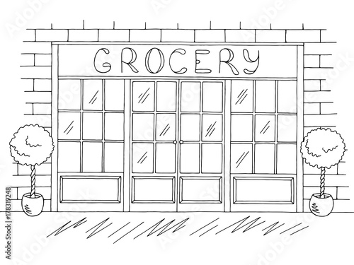 Grocery store shop exterior graphic black white sketch illustration vector