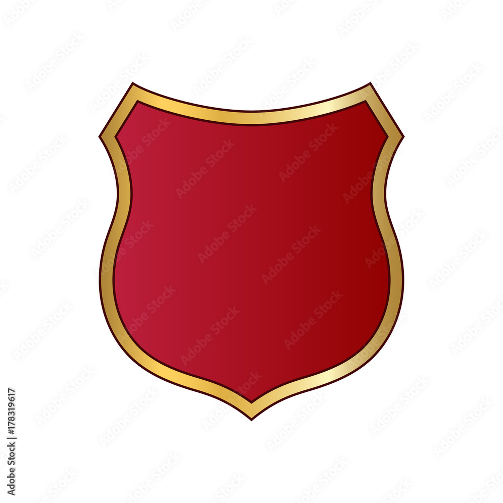 Gold and red shield shape icon. Logo emblem metallic sign isolated on white background. Shape shield symbol of security, protection or armor, safe. Shiny element design Vector illustration Gold and red shield shape icon. Logo emblem metallic sign isolated on white background. Shape shield symbol of security, protection or armor, safe. Shiny element design Vector illustration