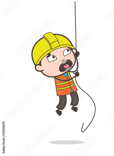 Climbing Rope with Fearful Face - Cute Cartoon Male Engineer Illustration