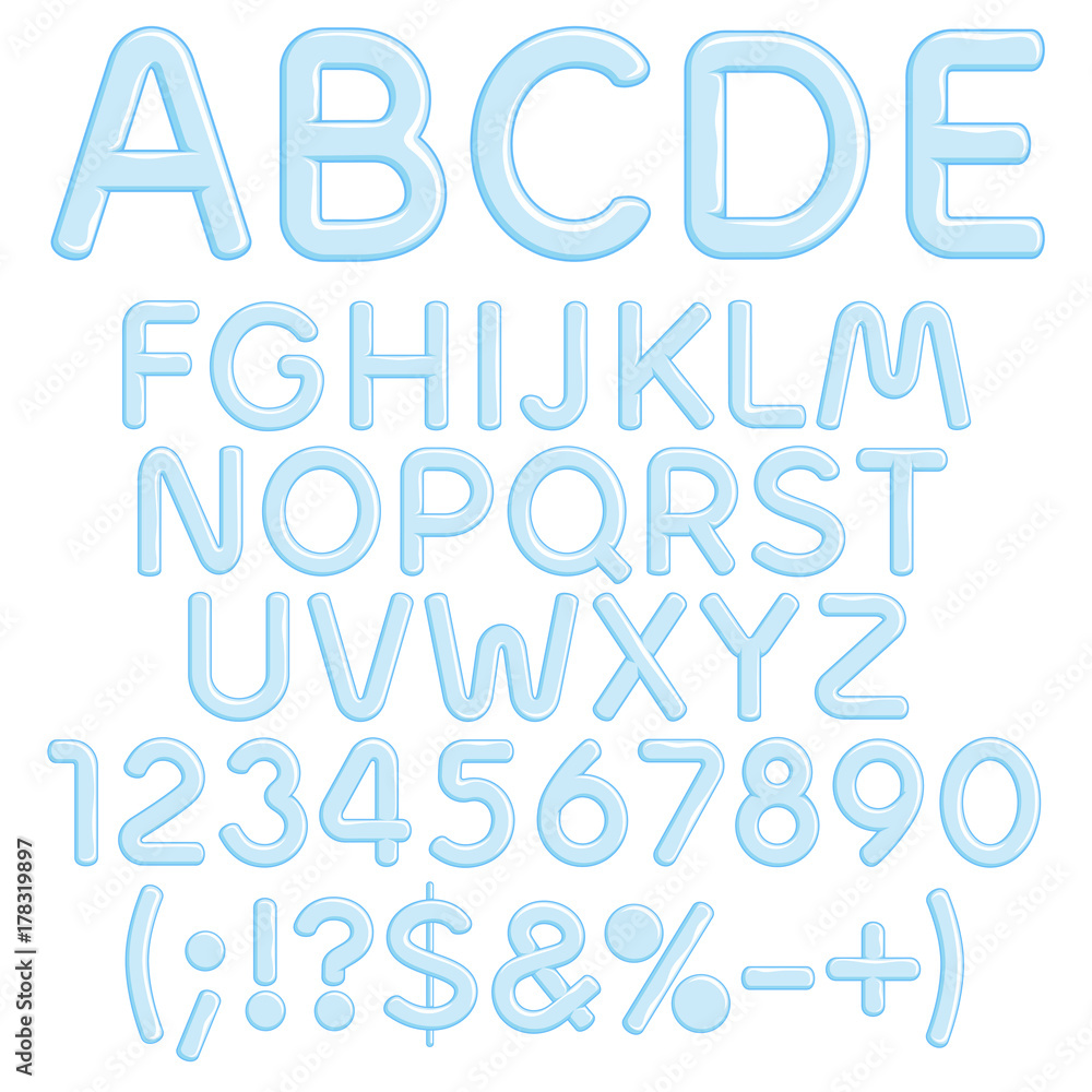 Alphabet, letters, numbers and signs from ice. Isolated objects on white background. Alphabet, letters, numbers and signs from ice. Isolated objects on white background.