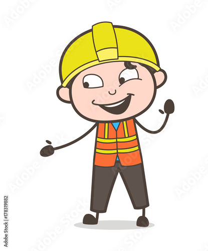 Cheerful Engineer Laughing Face and Hand Gesture