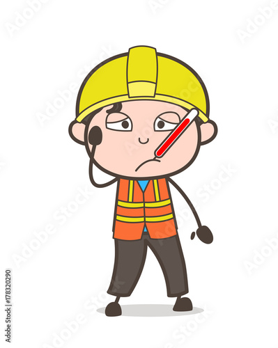 Ill Face with Fever Thermometer - Cute Cartoon Male Engineer Illustration