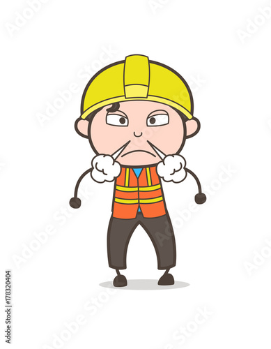 Angry Face with Steam from Nose - Cute Cartoon Male Engineer Illustration