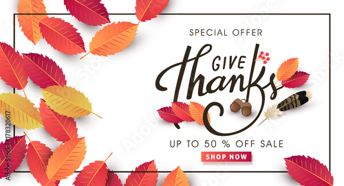 "give thanks" calligraphy of Thanksgiving day sale banner. Seasonal lettering.vector illustration