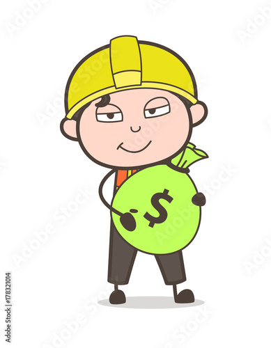 Money Collector with Bundle of Cash - Cute Cartoon Male Engineer Illustration