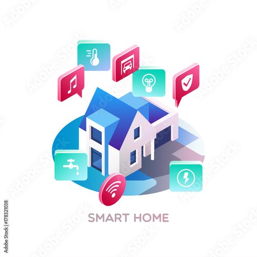 Smart home. Concept of smart house technology system with centralized control. Isometric vector illustration.