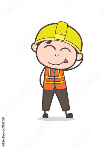 Blushing Face Savouring Delicious Food - Cute Cartoon Male Engineer Illustration