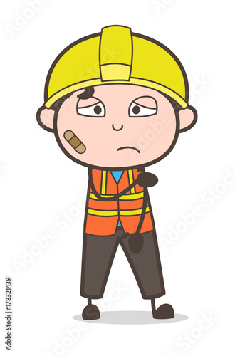 Injured Face with Bandage - Cute Cartoon Male Engineer Illustration