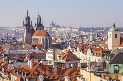 Prague Old Town, Prague Castle, row houses with traditional red roofs in the Czech Republic, view from the tower 