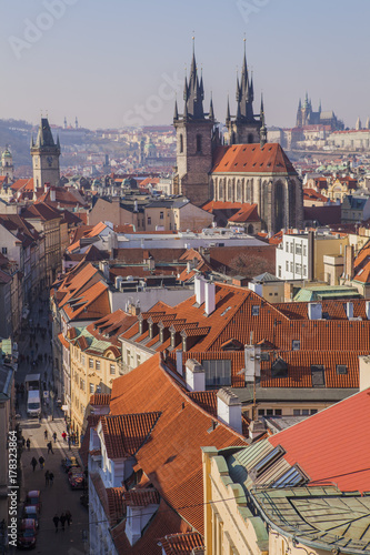 Prague Old Town, Prague Castle, row houses with traditional red roofs in the Czech Republic, view from the tower 