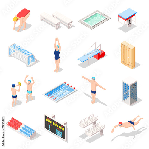 Sport Swimming Pool Isometric Icons