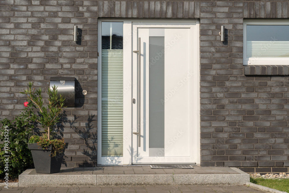 Fototapeta premium Moderne weiße Haustür mit Glaselementen