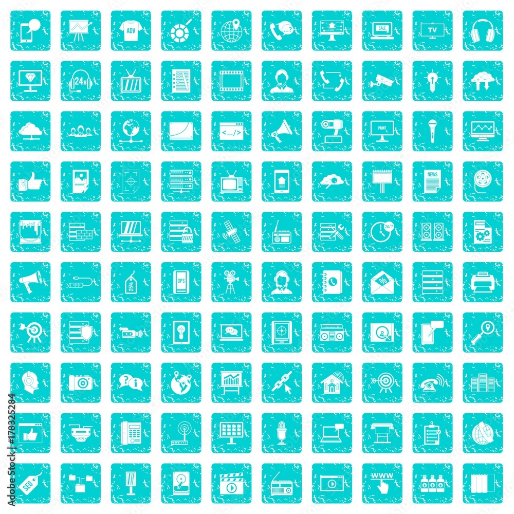 100 information technology icons set grunge blue 100 information technology icons set grunge blue