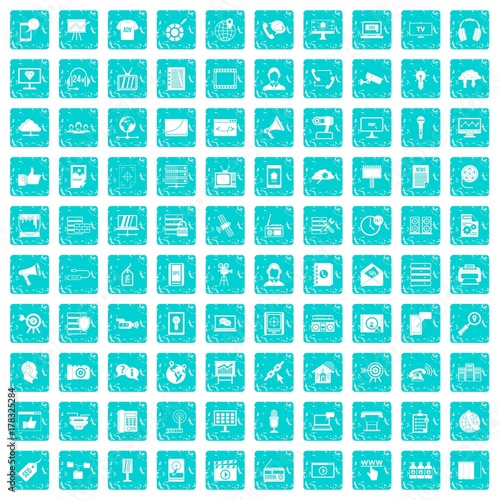 100 information technology icons set grunge blue