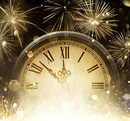 Waiting Midnight - Clock And Fireworks - Happy New Year
