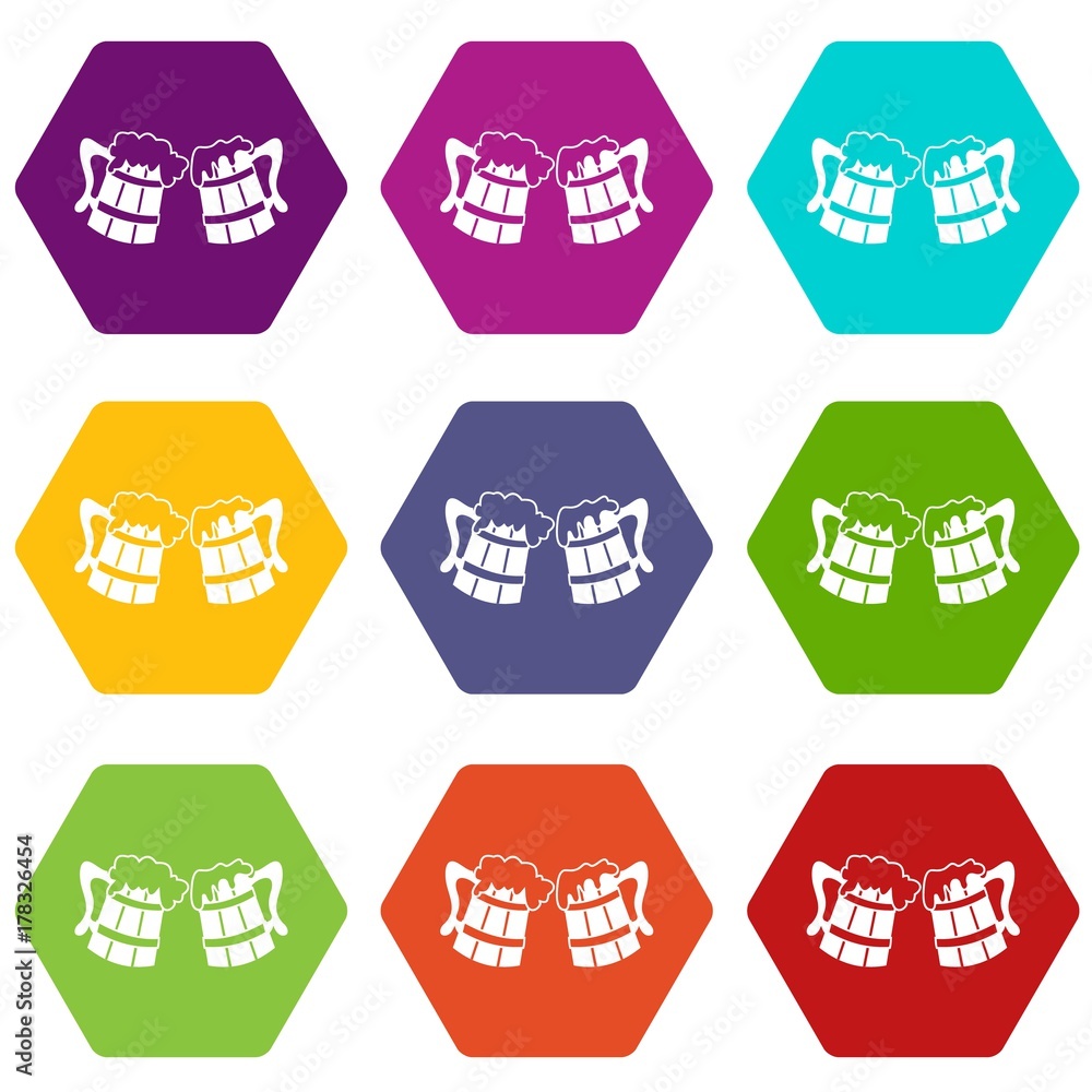 Wooden beer mugs icon set color hexahedron