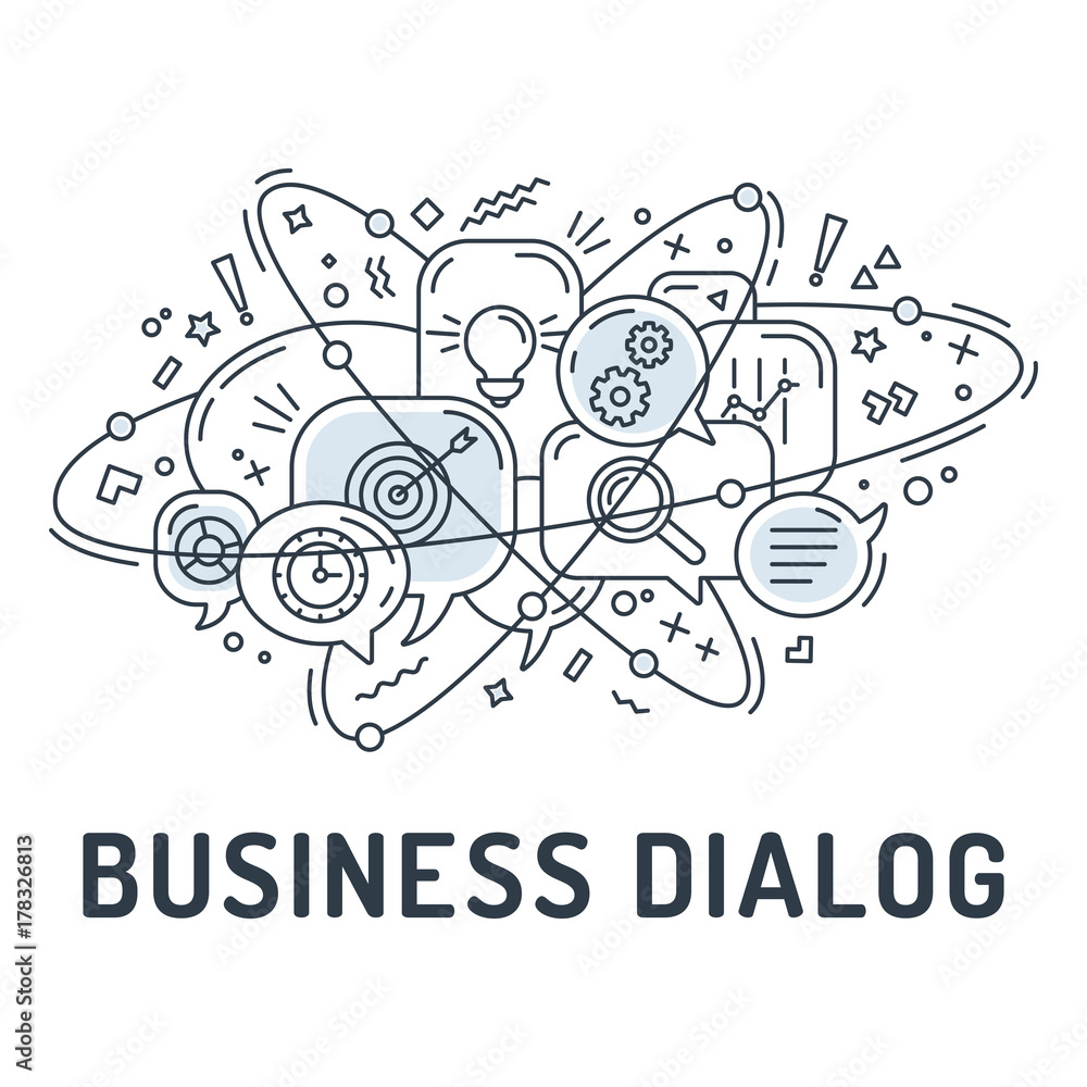 Illustration from business or star up icons in chat bubbles with three orbital ovals Illustration from business or star up icons in chat bubbles with three orbital ovals