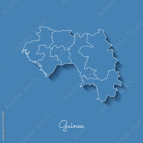 Guinea region map: blue with white outline and shadow on blue background. Detailed map of Guinea regions. Vector illustration.