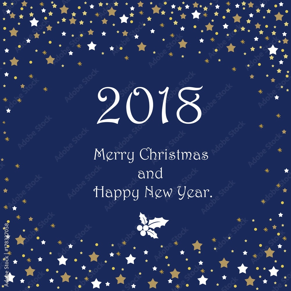 Merry Christmas and happy New year 2018 greeting card. Elegant winter background made of snowflakes and stars with empty place for your text