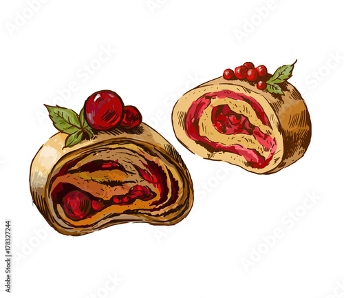 Sweet cherry strudel. Vector illustration, sketch or art on a white