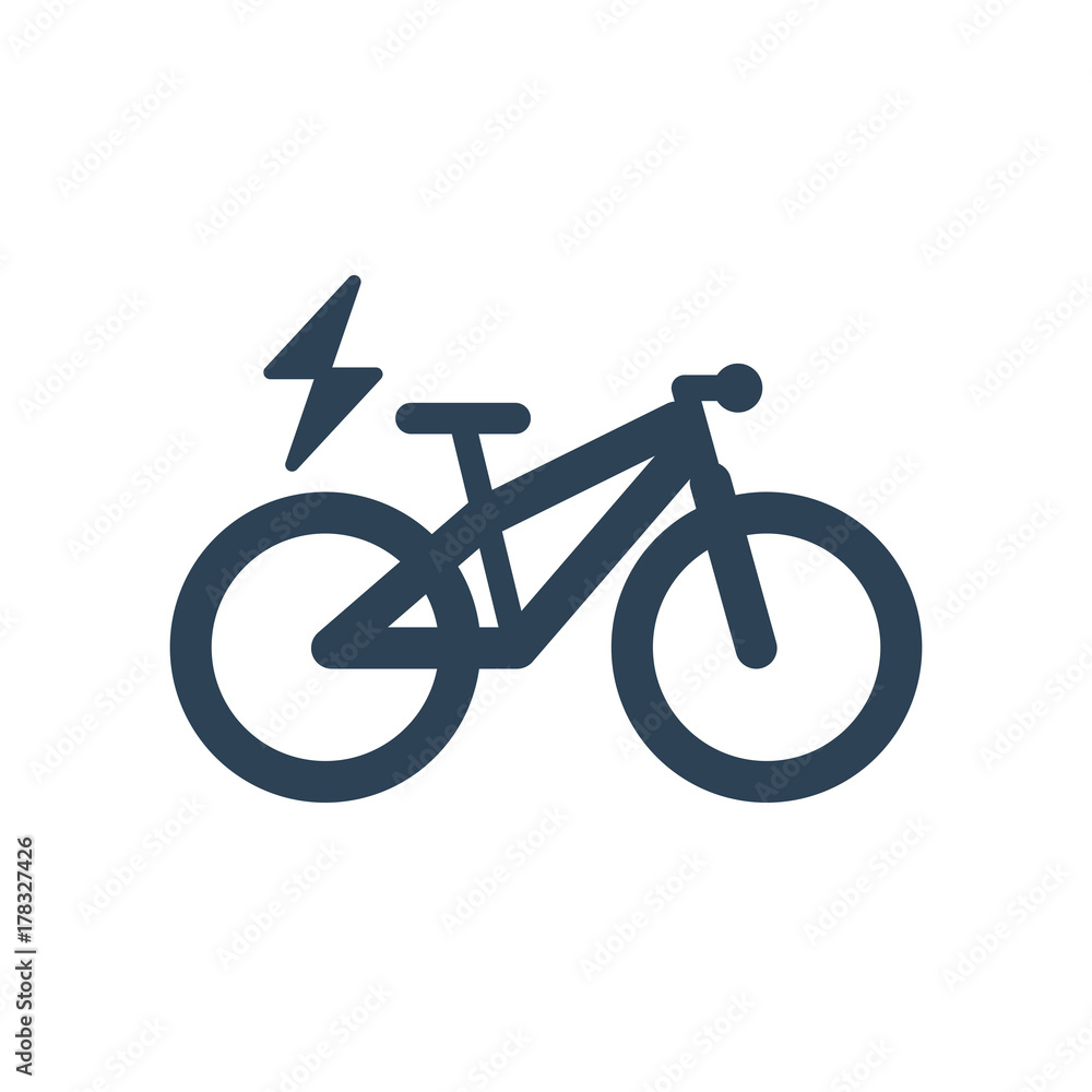 Isolated mountain electric bike symbol icon on white background. E-bike line silhouette with electricity flash lighting thunderbolt sign.
