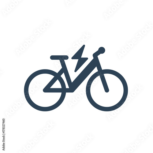 Isolated electric city bike symbol icon on white background. Trekking e-bike line silhouette with electricity flash lighting thunderbolt sign.
