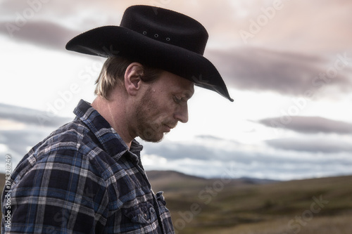 cowboy, man, sunset, hat, country, plaid,  portrait, rugged