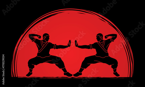 Kung fu action ready to fight designed on sunlight background graphic vector.