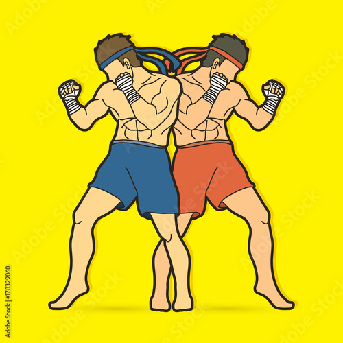 Muay Thai, Thai boxing standing ready to fight action graphic vector