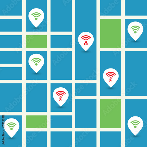 Unsecured Public Wireless Hotspots Design with Street Map - Wifi Security Breaches, Business Cybercrime Concept - Vector Illustration 