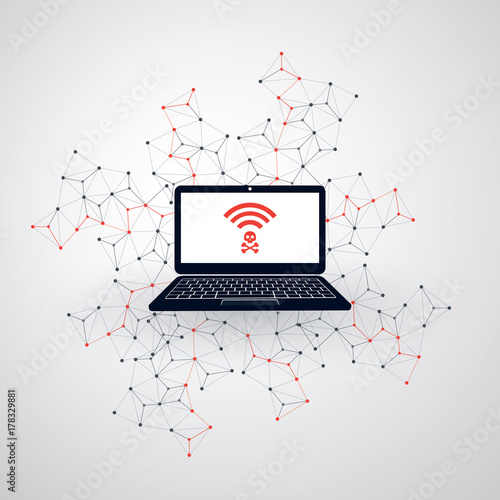 Unsecured Public Wireless Hotspot Design - Wifi Security Breaches, Business Cybercrime Concept - Vector Illustration 