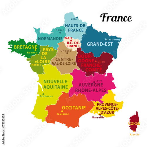 Carte de france colorée avec nouvelles régions depuis 2016.