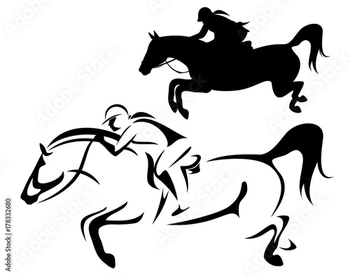 female rider - jumping horse side view outline and silhouette black and white vector design