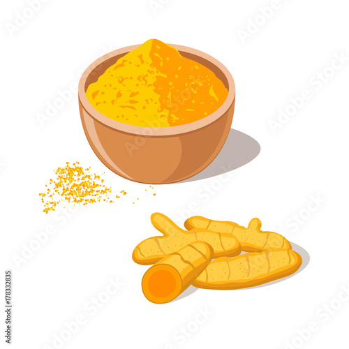 Turmeric Root with Powder in Bowl