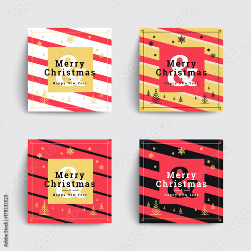Set of christmas social media box templates. Minimal covers design with christmas tree and snow. Trendy stripes patterns. Vector backgrounds.