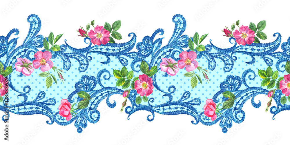 Seamless border of lace and dog rose, watercolor illustration on white background.