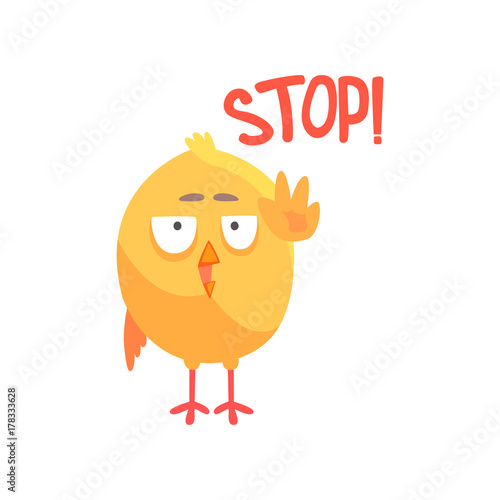 Stop, funny cartoon comic chicken showing hand gesture vector Illustration