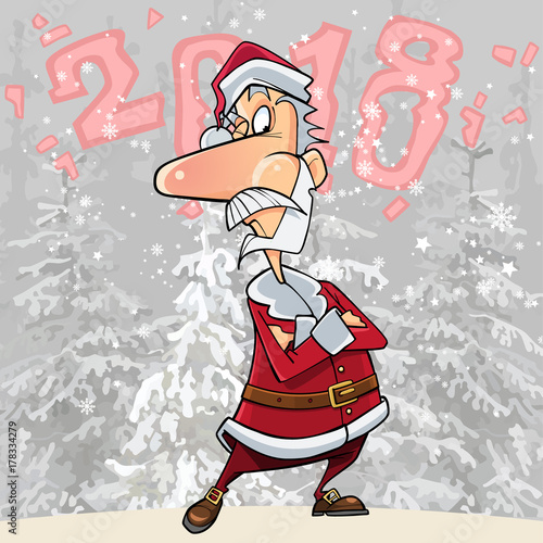 cartoon cunning Santa Claus standing with his arms folded on his chest in the forest of 2018