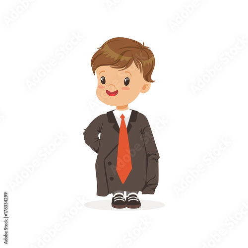 Cute boy wearing dult oversized suit, kid pretending to be adult vector Illustration