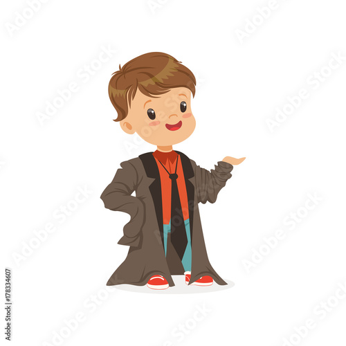 Adorable boy wearing dult oversized suit, kid pretending to be adult vector Illustration