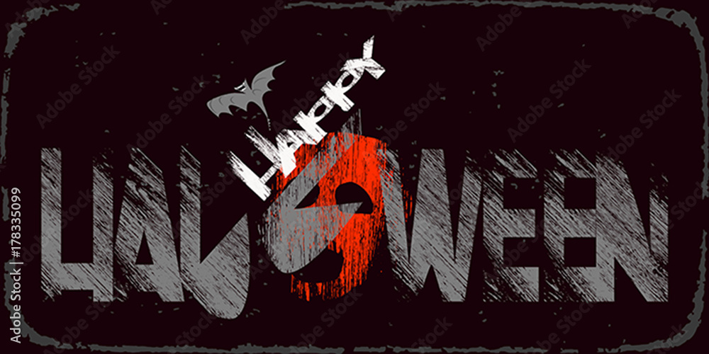 Obraz premium Happy Halloween, slogan, banner, open on a black background. spiders in the night