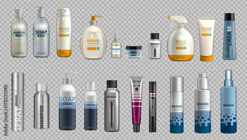 Digital Vector Realistic Bottles Set Collection Mockup. Cosmetics body care and hair cares
