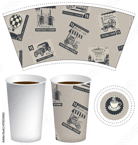 Vector template paper cup for hot drink. Disposable cup for tea or coffee with set of postage stamps on the theme of mechanic transportation in retro style