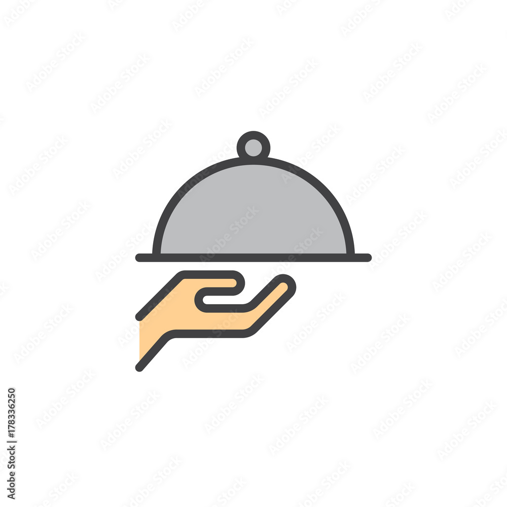 Tray in waiter hand filled outline icon Tray in waiter hand filled outline icon