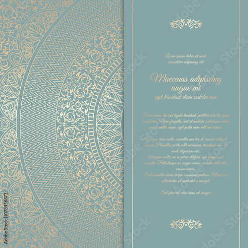 Beautiful floral square invitation card with golden round pattern. Vintage wedding cover design template. Vector mandala background with message space