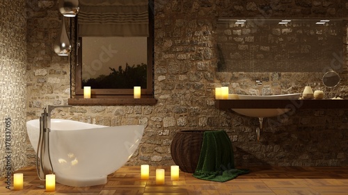 Bagno con vasca e candele romantiche photo