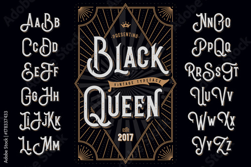 Decorative typeface named "Black Queen" with extruded lines effect and vintage label template