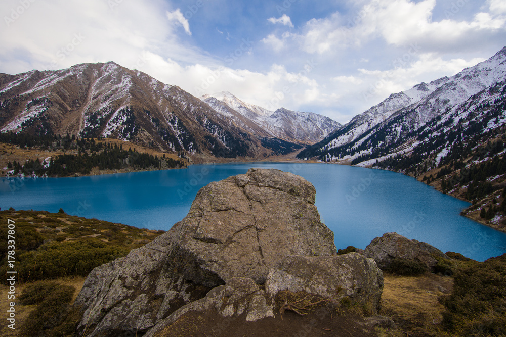panorama of the glacial lake, Big Almaty Lake, Kazakhstan, Almaty