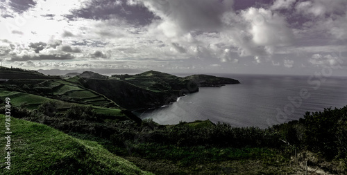 Panorama view to coastline of Sao Miguel island from Santa Iria viewpoint in Azores. Portugal photo